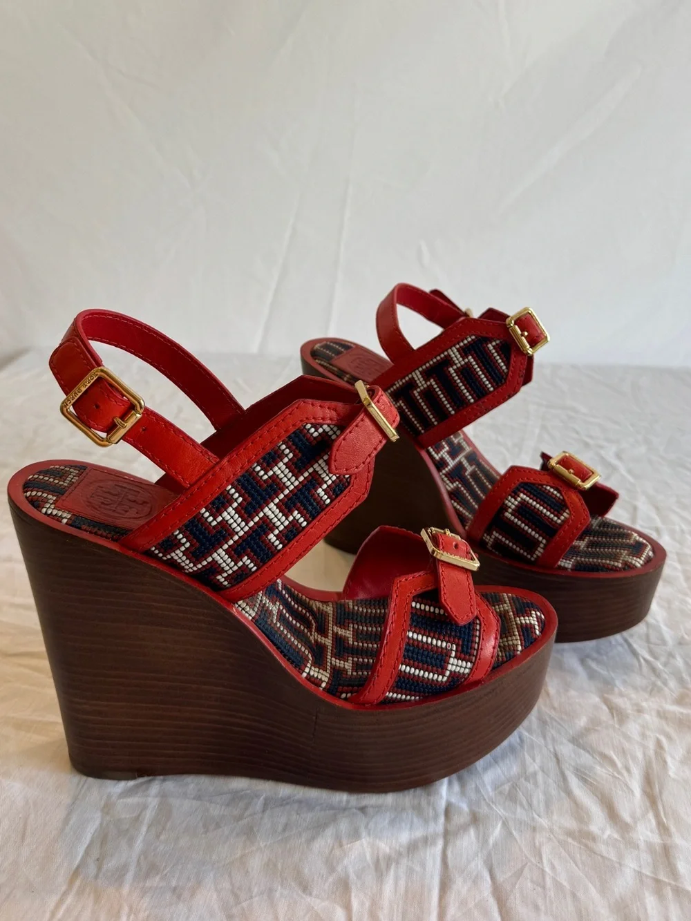 Tory Burch Red High Wedge Beaded Sandals with Gold Buckles